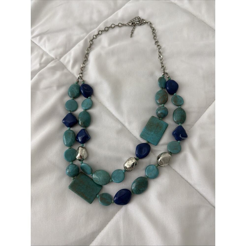 Women’s Vintage Necklace Blue Turquoise Chunky Double Strand Statement Silver